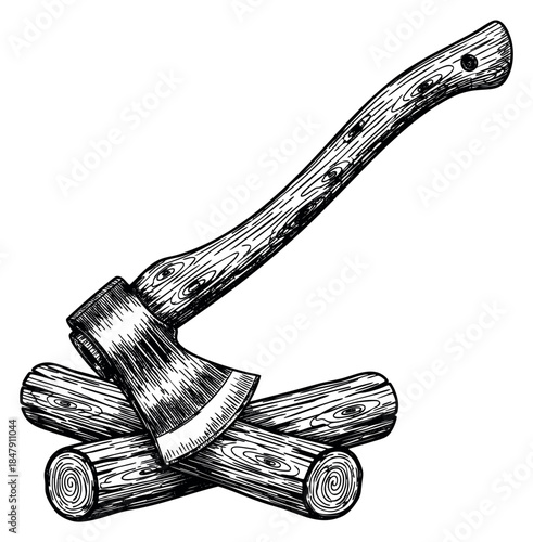 Hand drawn axe with logs illustration