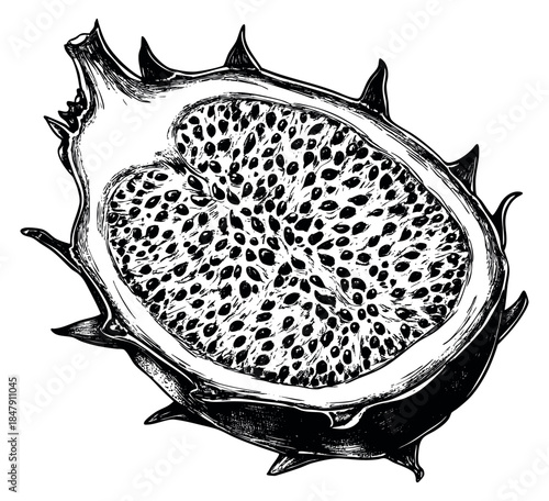 Hand drawn dragon fruit half black and white line art