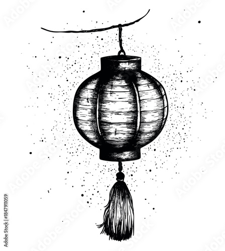 Vintage lantern icon with tassel hanging black and white line art
