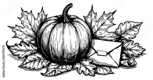 Vintage pumpkin set with autumn leaves and envelope hand drawn outline illustration