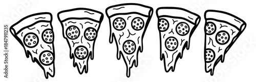 Pizza slice icon set with pepperoni black and white line art
