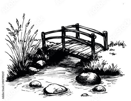 Vintage wooden bridge set with rocks and grass hand drawn sketch