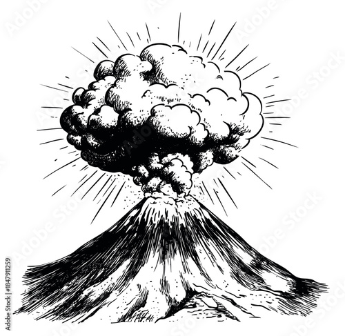 Volcano eruption illustration with smoke and ash hand drawn sketch