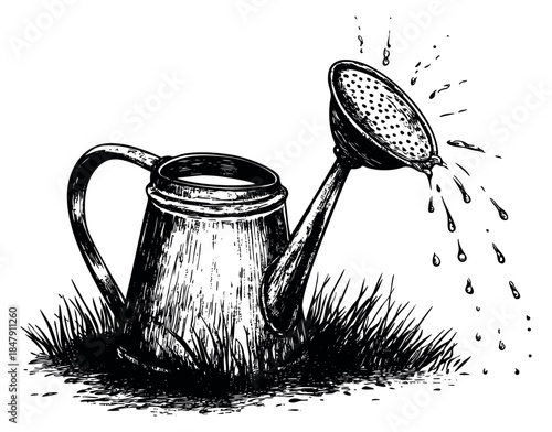 Vintage watering can with water droplets hand drawn sketch
