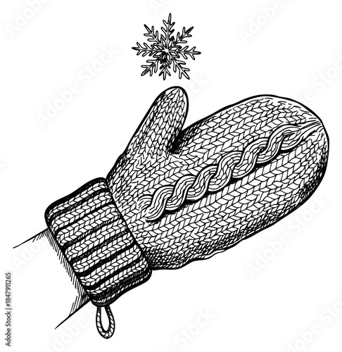 Knitted mitten icon with snowflake hand drawn outline illustration