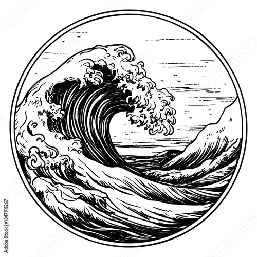 Modern ocean wave illustration with mountain in background black and white line art
