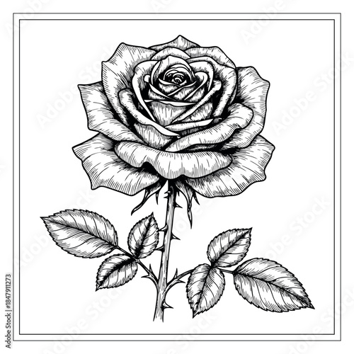 Vintage rose flower illustration with leaves and thorns hand drawn outline illustration