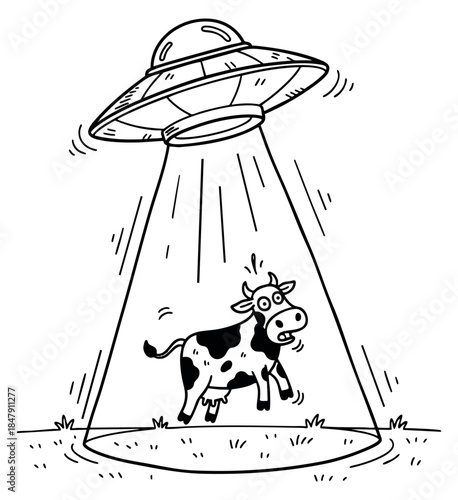 Simple cow abduction icon with ufo beam hand drawn outline illustration