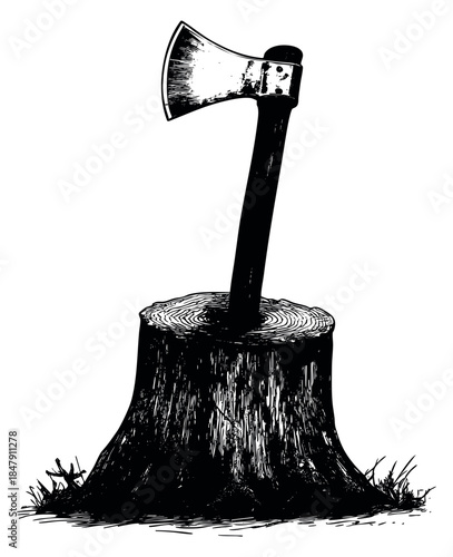 Vintage axe with handle in tree stump black and white line art