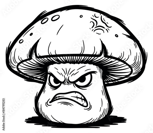 Angry mushroom character with scowl expression black and white line art