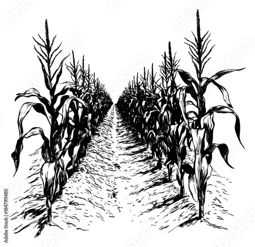 Corn field set with rows of corn black and white line art
