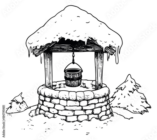 Winter water well set with snow and pine trees hand drawn outline illustration