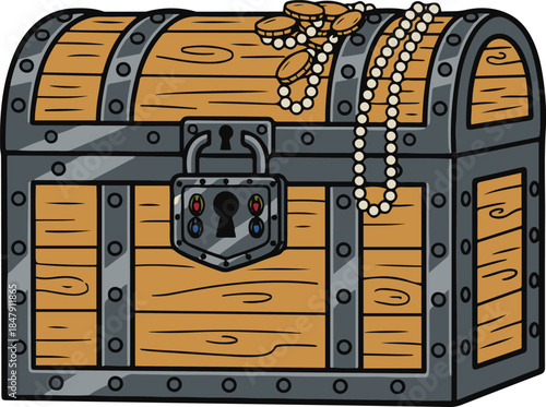 Vector illustration of a closed wooden pirate treasure chest secured with a heavy padlock, featuring gold coins and a pearl necklace draped over the lid.