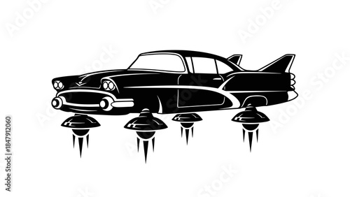 Retrofuturistic flying car with classic design and sci-fi thrust