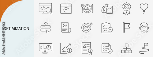 optimization and performance icons, minimal line vector symbol set