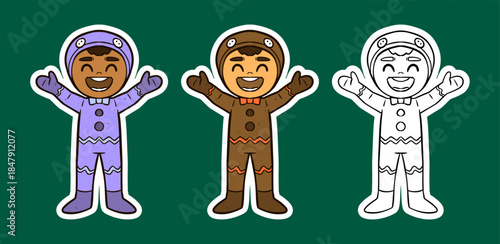 Happy Kids in Gingerbread Costumes Cartoon Illustration