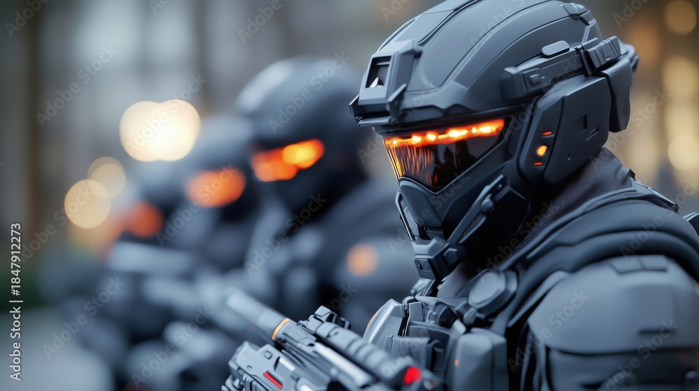 Fototapeta premium Futuristic soldiers wearing advanced suits and vision lining in formation