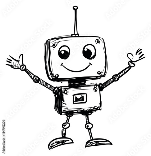 Cute robot character with antenna and smiling face hand drawn sketch