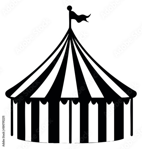 Simple circus tent icon with flag black and white line art
