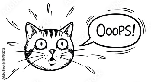 Cute cat face icon with surprised expression and oops speech bubble hand drawn outline illustration