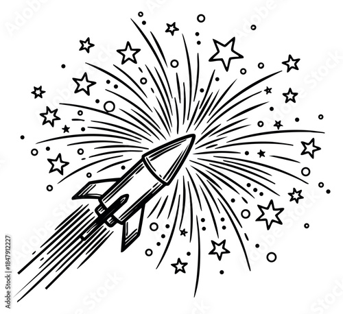 Rocket icon with stars and explosion hand drawn outline illustration