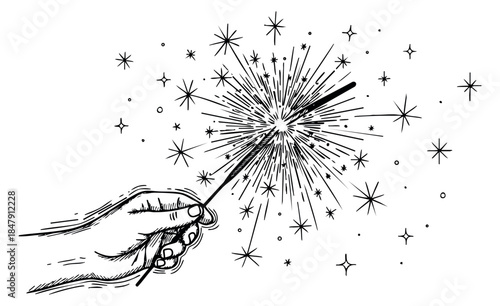 Hand drawn hand holding sparkler with sparks and stars sketch