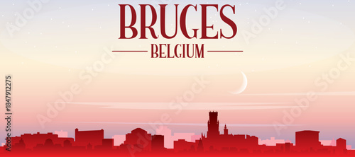 Red panoramic poster of the city skyline with misty background buildings, sunrise, moon and clouds of BRUGES, BELGIUM