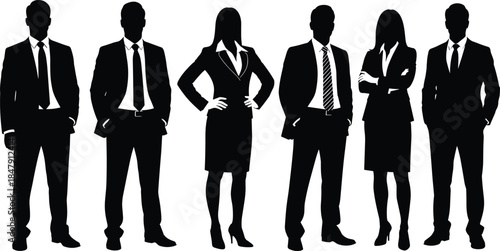 Black silhouette busts of four individuals, showcasing hairstyle and clothing diversity, anonymity, and modern identity in minimalist vector portrait design