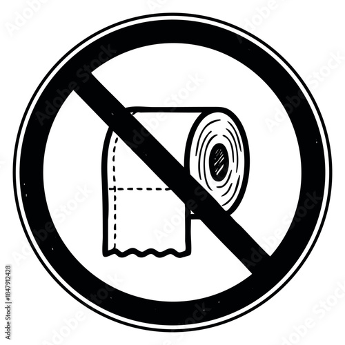 Minimal no toilet paper icon with crossed circle black and white line art
