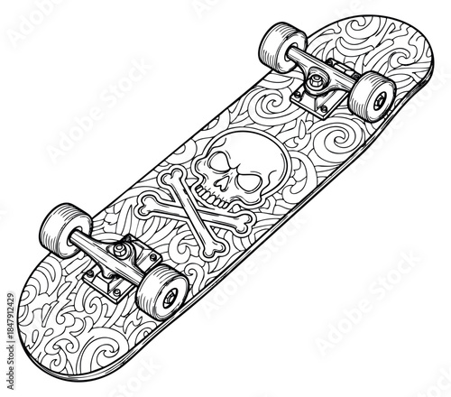 Skateboard icon set with skull and crossbones black and white line art