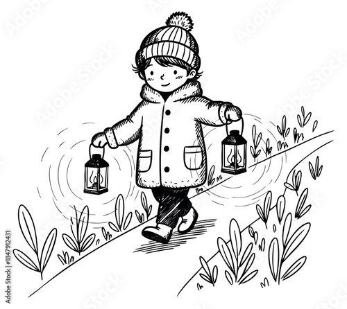 Cute child with lanterns walking collection hand drawn outline illustration