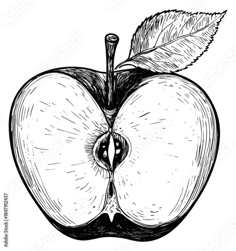 Apple half with leaf hand drawn outline illustration