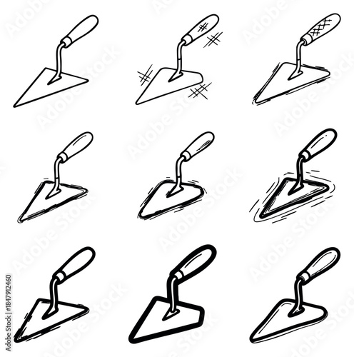 Hand drawn construction trowel icon set in outline style