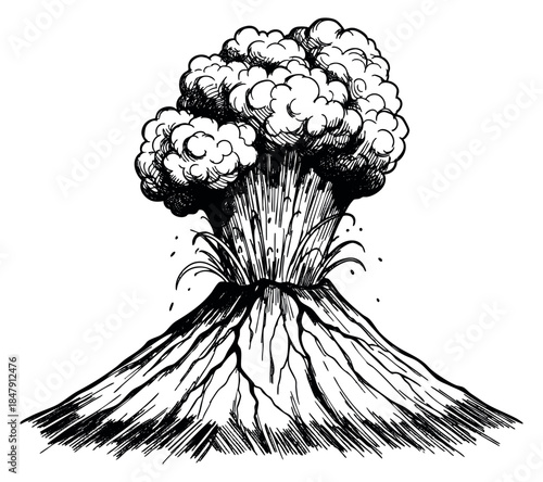 Volcano eruption illustration with smoke and lava hand drawn outline illustration