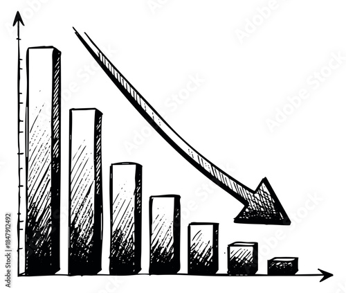 Hand drawn declining bar chart with arrow illustration