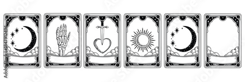 Tarot Frame Set with Sword and Skull, Hand Drawn Fantasy Borders, Mystic Divination Astrology Witchcraft, Medieval Vector Illustration