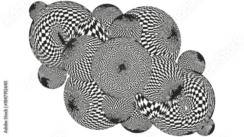 Abstract geometric spheres, black white checkerboard optical illusion art.