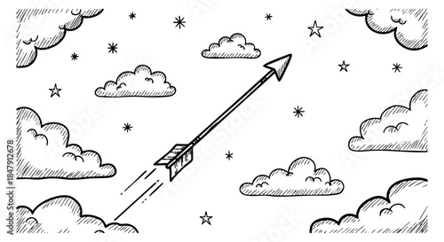 Arrow in sky with clouds and stars hand drawn outline illustration