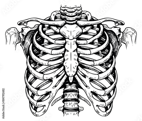 Vintage human rib cage illustration with spine and shoulder bones hand drawn outline illustration