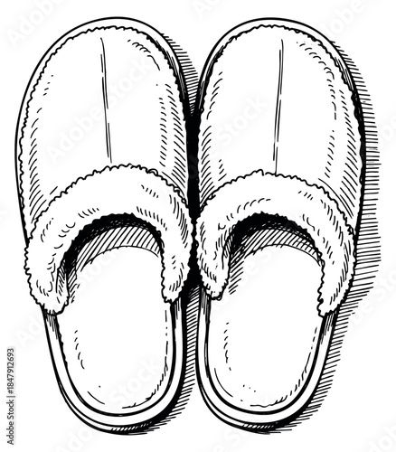 Hand drawn slipper set with fur lining black and white line art