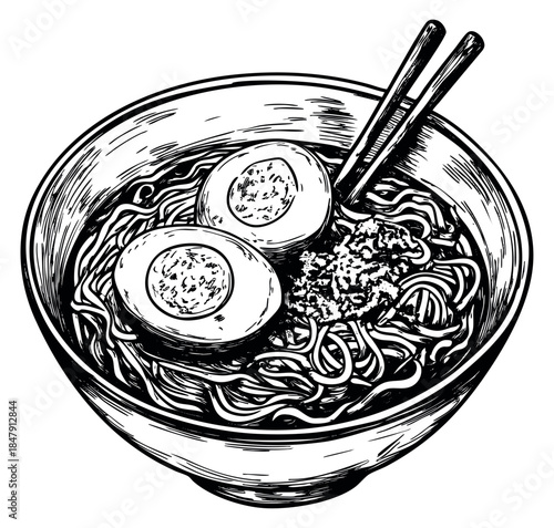 Ramen bowl illustration with egg and chopsticks hand drawn sketch