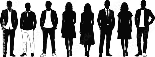 Business people silhouettes collection, diverse men and women standing poses, professional corporate workforce characters, office team concept, isolated black vector illustration