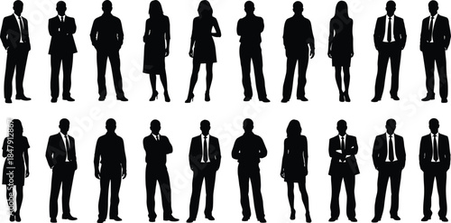 Business people silhouettes collection, professional men and women standing poses, corporate office workforce team characters, leadership and teamwork concept, isolated black vector illustration