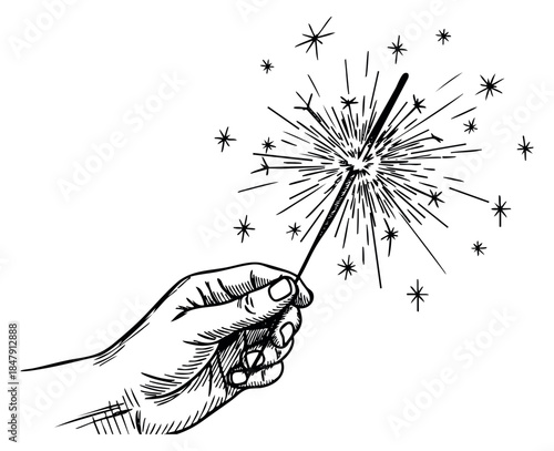 Hand drawn hand holding sparkler with sparks illustration