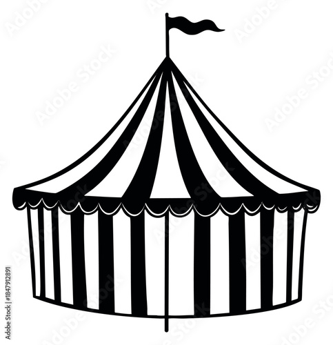 Vintage circus tent icon with flag black and white line art