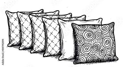 Hand drawn pillow set with patterned and plain cushions hand drawn sketch