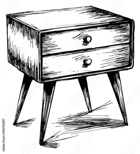 Vintage nightstand with two drawers hand drawn outline illustration
