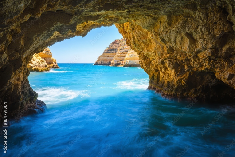 Obraz premium Natural sea cave with turquoise water and rocky arch framing ocean view