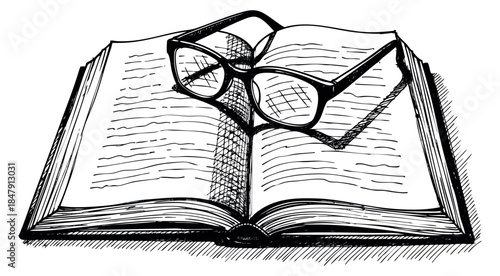 Open book with reading glasses hand drawn sketch
