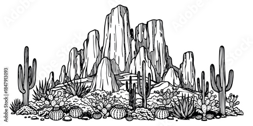 Desert landscape set with cacti and rock formations hand drawn outline illustration